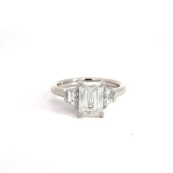 Three Stone Engagement Ring with 2.05ct Emerald G VS1 Center Diamond and 0.38ctw Trapezoid Side Diamonds in 14K White Gold - Brax Jewelers Brax Jewelers Newport Beach, CA
