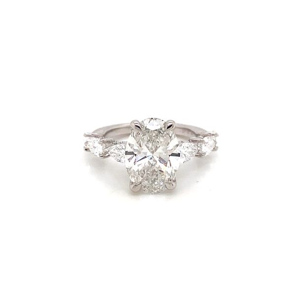 Classic Oval Diamond Engagement Ring with 3.09ct F VS2 IGI Certified Center and Pear and Round Diamonds in 14K White Gold - Brax Jewelers Brax Jewelers Newport Beach, CA