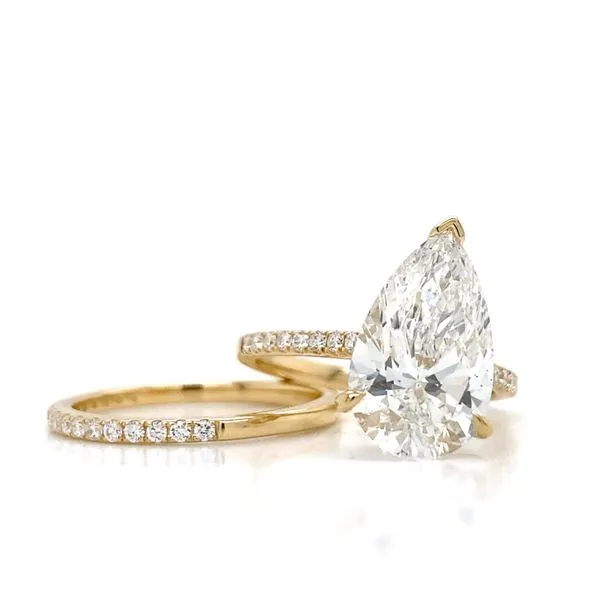 Lady's 14 Karat Yellow Gold 4.19Ct Lab Grown Diamond Pear Center Stone Engagement Ring And Wedding Band Set Brax Jewelers Newport Beach, CA