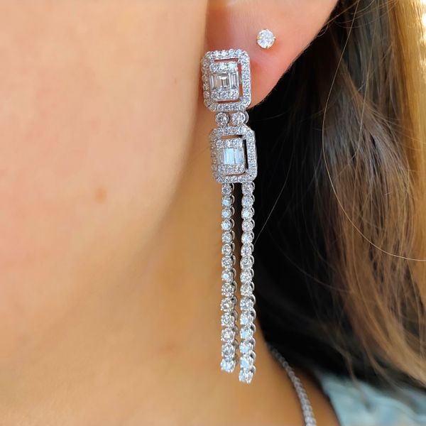 18K White Gold Diamond and Baguette Drop Earrings Image 2 Brax Jewelers Newport Beach, CA
