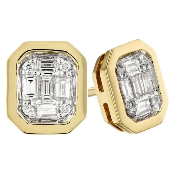 Lady's 14 Karat Yellow Gold Stud Screw Back Natural Diamond Earrings With 0.13Tw Baguette And Round Shape Diamonds. Brax Jewelers Newport Beach, CA