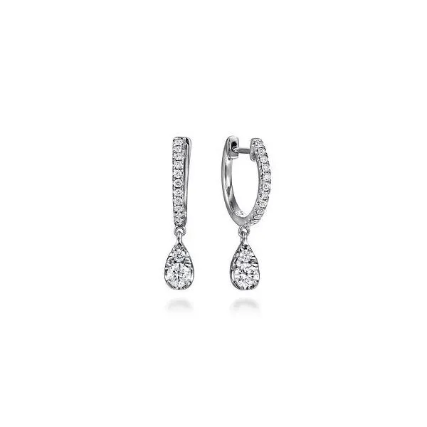 Lady's 14 Karat White Gold Diamond Huggie Drop Natural Diamond Earrings With 0.53Tw Round SI Diamonds Brax Jewelers Newport Beach, CA