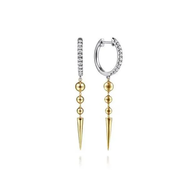 Lady's 14 Karat White And Yellow Gold Bullet Huggie Drop Natural Diamond Earrings With 0.22Tw Round SI Diamonds Brax Jewelers Newport Beach, CA