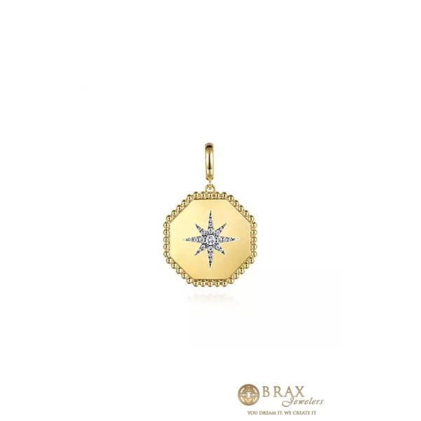 14K Yellow Gold Diamond Starburst Hexagon Medallion Charm Brax Jewelers Newport Beach, CA