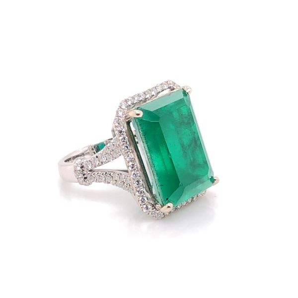 14K Emerald Cut Halo with Green Emerald Fashion Ring Brax Jewelers Newport Beach, CA