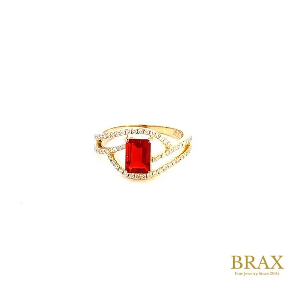 18 Karat Yellow Gold Fashion Ring With 1=0.67Tw Emerald Cut Fire Opal and 0.27Tw Round Diamonds-Brax Jewelers Brax Jewelers Newport Beach, CA