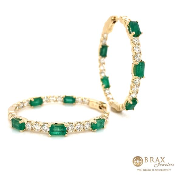 14K Yelow Gold Diamond and Emerald Hoop Earrings Image 2 Brax Jewelers Newport Beach, CA