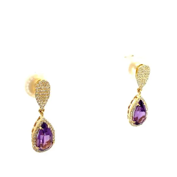 Pear Amethyst and Round Diamond Earrings in 18 Karat Yellow Gold - Brax Jewelers Image 2 Brax Jewelers Newport Beach, CA