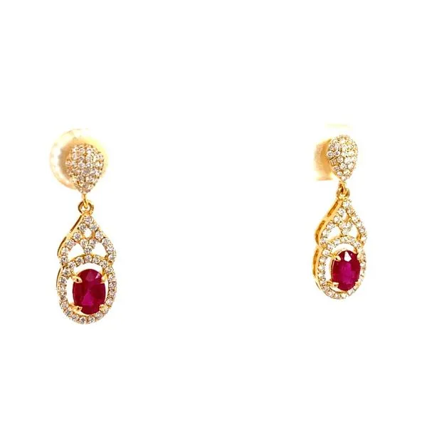 Oval Ruby and Round Diamond Earrings in 18 Karat Yellow Gold - Brax Jewelers Image 2 Brax Jewelers Newport Beach, CA
