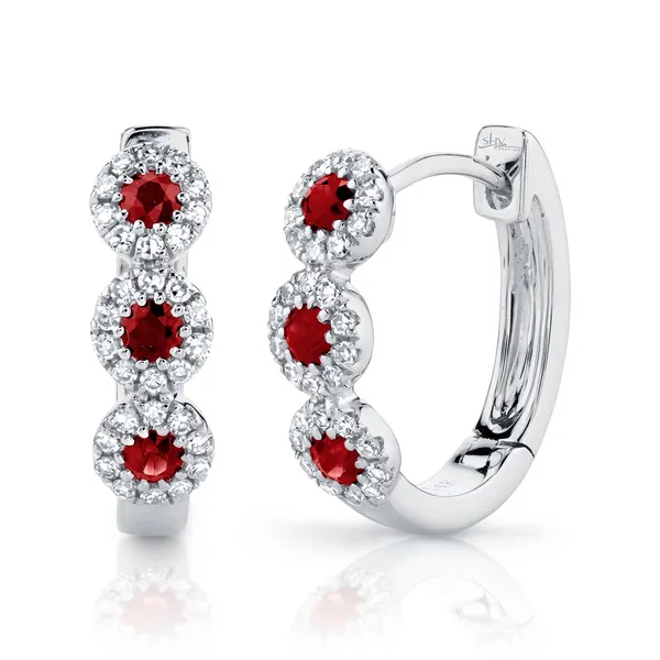 Huggie Earrings in 14 Karat White Gold with 0.15TW Round Diamonds and 0.29TW Round Rubies - Brax Jewelers Brax Jewelers Newport Beach, CA