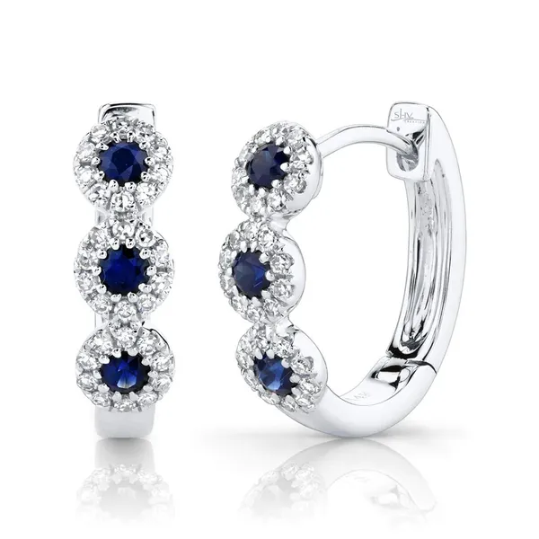 Huggie Earrings in 14 Karat White Gold with 0.15TW Round Natural Diamonds and 0.30TW Round Blue Natural Sapphires - Brax Jewelers Brax Jewelers Newport Beach, CA