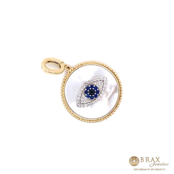 14K Yellow Gold Diamond, Sapphire and White Mother of Pearl Evil Eye Medallion Pendant Charm Image 2 Brax Jewelers Newport Beach, CA