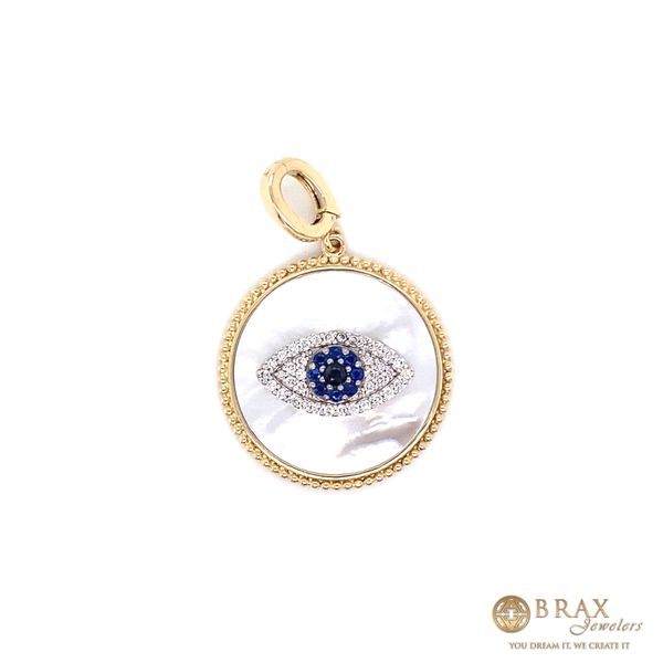 14K Yellow Gold Diamond, Sapphire and White Mother of Pearl Evil Eye Medallion Pendant Charm Brax Jewelers Newport Beach, CA