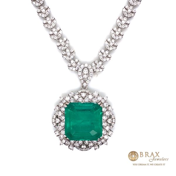 18K White Gold Square Cushion Emerald Diamond Necklace Image 2 Brax Jewelers Newport Beach, CA