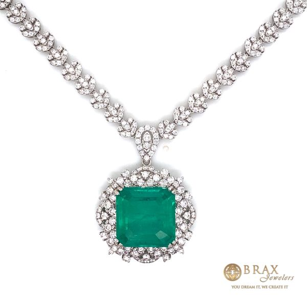 18K White Gold Square Cushion Emerald Diamond Necklace Brax Jewelers Newport Beach, CA