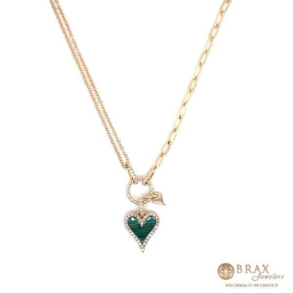 14K Yellow Gold Malachite Heart Paper Clip Link Diamond Necklace Brax Jewelers Newport Beach, CA