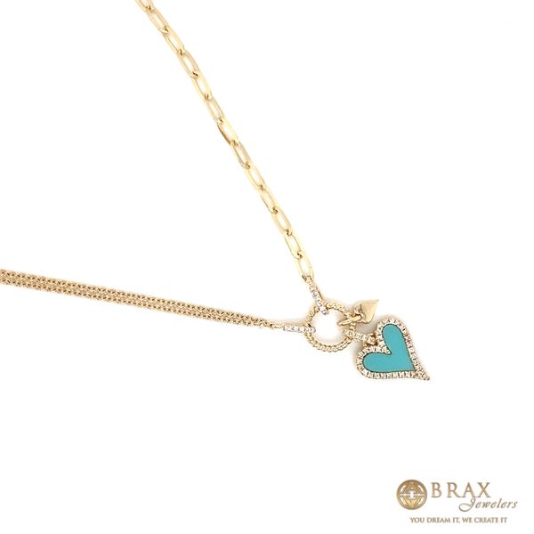 14K Yellow Gold Composite Turquoise Heart Paper Clip Link Diamond Necklace Image 2 Brax Jewelers Newport Beach, CA