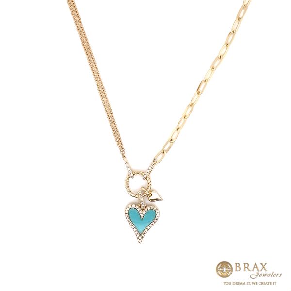 14K Yellow Gold Composite Turquoise Heart Paper Clip Link Diamond Necklace Brax Jewelers Newport Beach, CA
