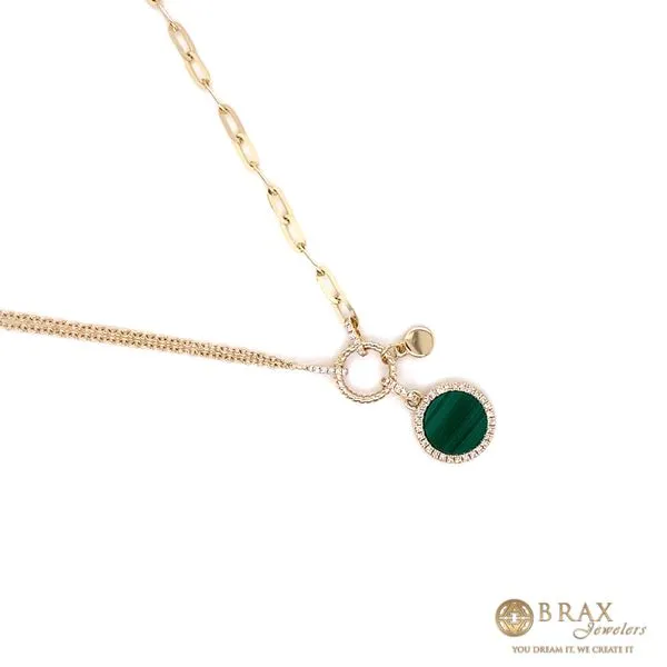 14K Yellow Gold Circle Malachite Paper Clip Link Diamond Necklace Image 2 Brax Jewelers Newport Beach, CA