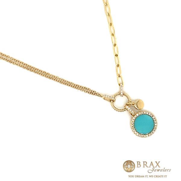 14 Karat Yellow Gold Paper Clip Link CircleTurquoise and Diamond Necklace - Brax Jewelers Image 2 Brax Jewelers Newport Beach, CA