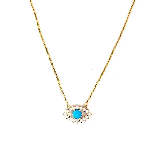 Evil Eye Necklace with Round Turquoise and Round Diamonds in 18 Karat Yellow Gold - Brax Jewelers Brax Jewelers Newport Beach, CA
