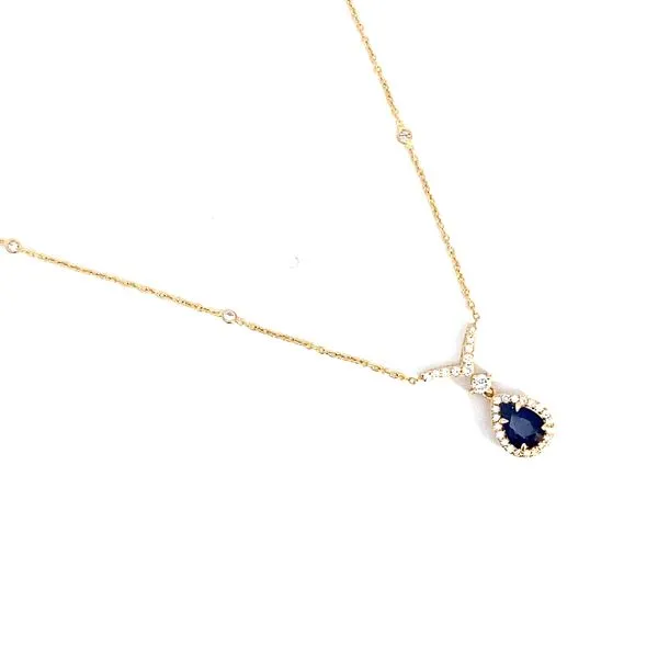 Pear Blue Sapphire and Round Diamond Necklace in 18 Karat Yellow Gold - Brax Jewelers Image 2 Brax Jewelers Newport Beach, CA
