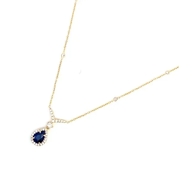 Pear Blue Sapphire and Round Diamond Necklace in 18 Karat Yellow Gold - Brax Jewelers Image 3 Brax Jewelers Newport Beach, CA