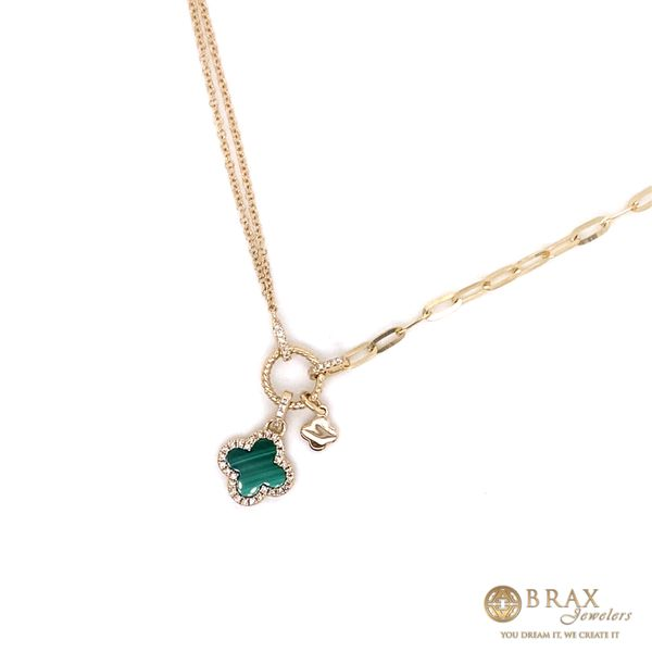 14K Yellow Gold Malachite Clover Paper Clip Link Diamond Necklace Image 2 Brax Jewelers Newport Beach, CA