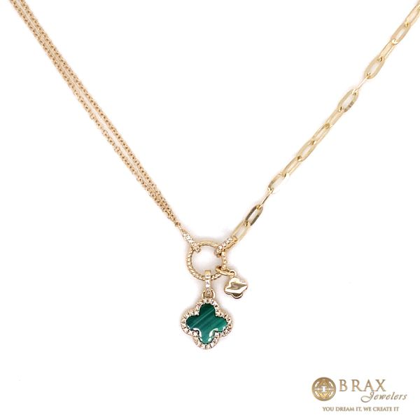 14K Yellow Gold Malachite Clover Paper Clip Link Diamond Necklace Brax Jewelers Newport Beach, CA