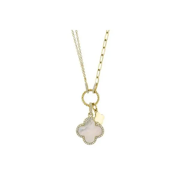 Lady's 14 Karat Yellow Gold Paper Clip Diamond Necklace With 0.17Tw Round Diamonds And 1.36Tw Mother Of Pearl Clover Pendant SC55023485V2 - Brax jewel Brax Jewelers Newport Beach, CA