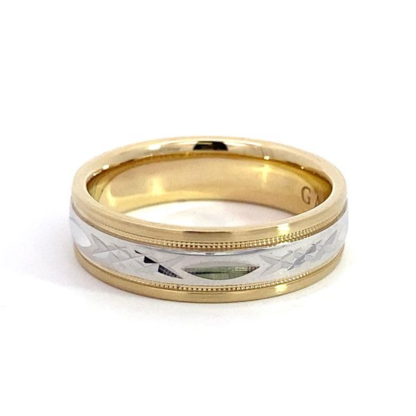 14 Karat Two-Tone Gold Engraved Wedding Band Brax Jewelers Newport Beach, CA
