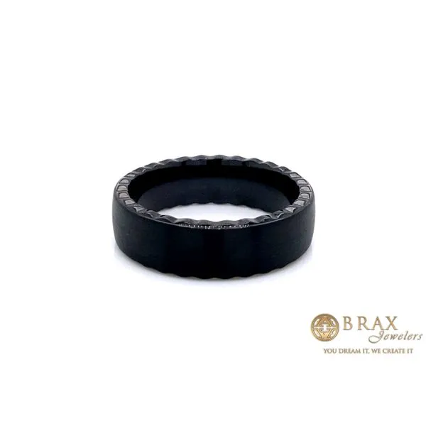 Black Tungsten Carbide Wedding Band Pipe Cut Brushed Center with Grooved Sides  Brax Jewelers Newport Beach, CA