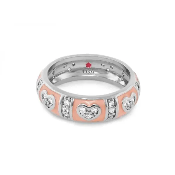 Silver and Peach Stackable Ring w/ Heart Pattern Brax Jewelers Newport Beach, CA