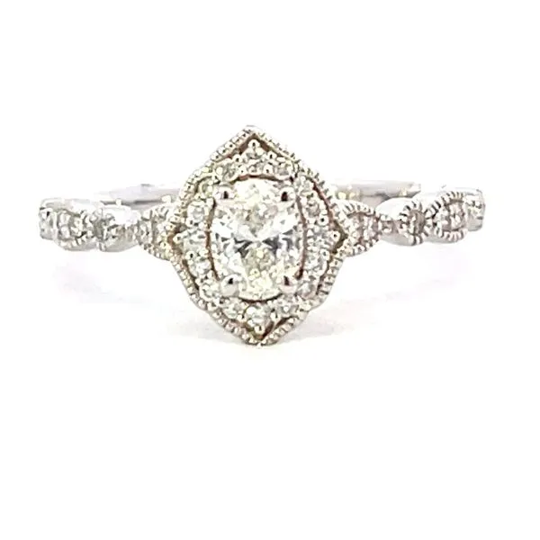 Oval diamond center with diamond halo and shank 1/2ctw -14kw Bryan Jewelry Prattville, AL
