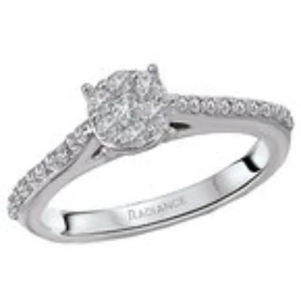 Romance Diamond Engagement Ring with Diamond Cluster and pave diamond shank in 14kw Bryan Jewelry Prattville, AL