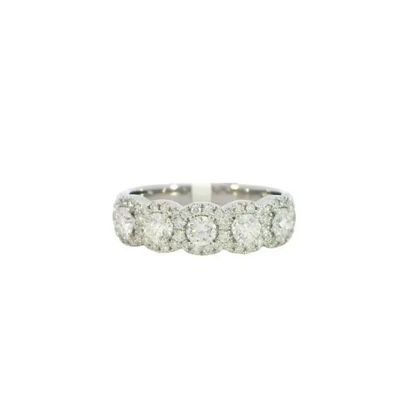 Anniversary style ring with 5 diamonds in shared halo setting Bryan Jewelry Prattville, AL