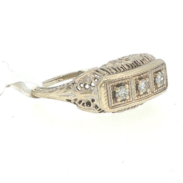 Estate 14K White Gold Three Diamond Antique Filigree Ring Image 3 Bryan Jewelry Prattville, AL