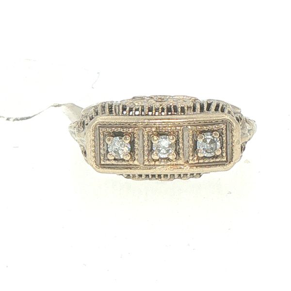 Estate 14K White Gold Three Diamond Antique Filigree Ring Bryan Jewelry Prattville, AL