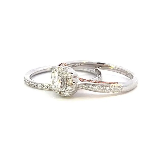 Halo diamond wedding set with rose gold accent under head-14k Image 3 Bryan Jewelry Prattville, AL
