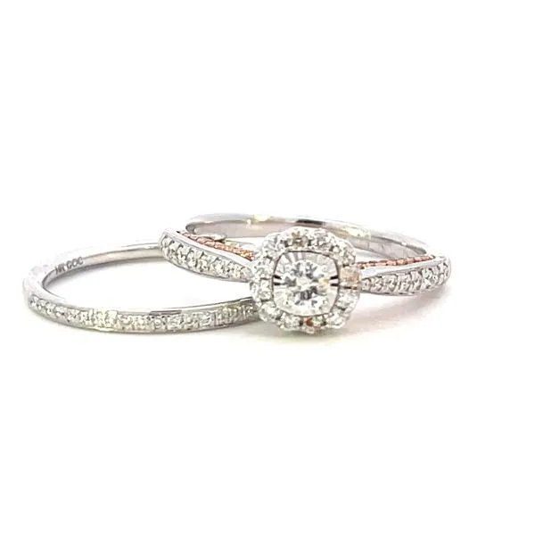 Halo diamond wedding set with rose gold accent under head-14k Bryan Jewelry Prattville, AL
