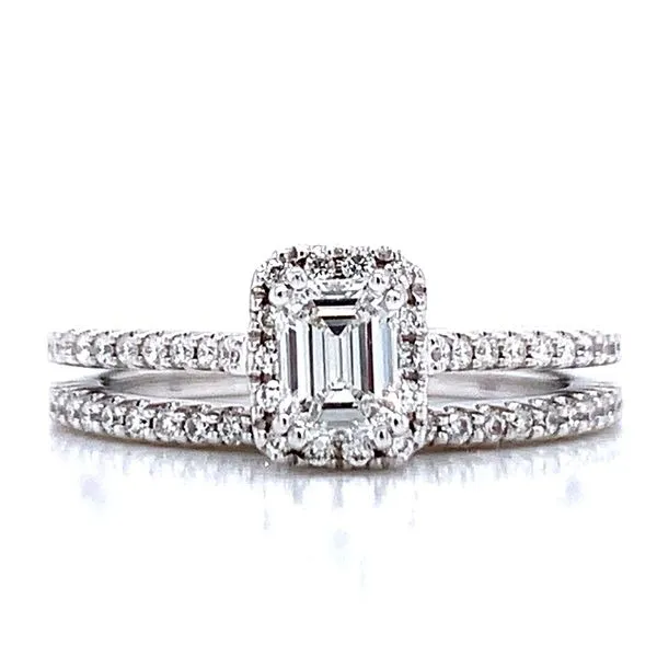 Romance wedding set with emerald cut center in 14kw Bryan Jewelry Prattville, AL