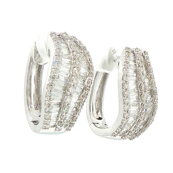 Brilliance in Motion: Mixed-Cut Diamond Hoop Earrings in 18K White Gold Image 2 Bryan Jewelry Prattville, AL