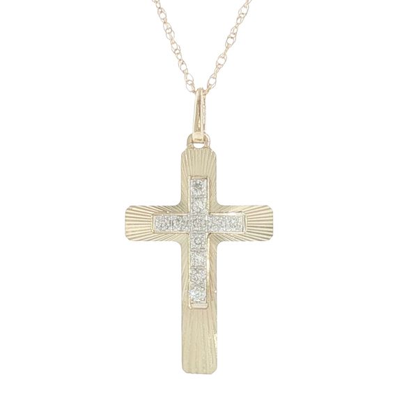 Radiant Faith: Diamond Cross Pendant with Engraved Rays in 10K Yellow Gold Bryan Jewelry Prattville, AL
