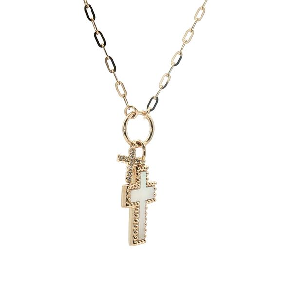 Divine Duo: Mother of Pearl & Diamond Cross Necklace Image 2 Bryan Jewelry Prattville, AL