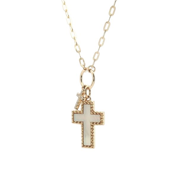 Divine Duo: Mother of Pearl & Diamond Cross Necklace Image 3 Bryan Jewelry Prattville, AL