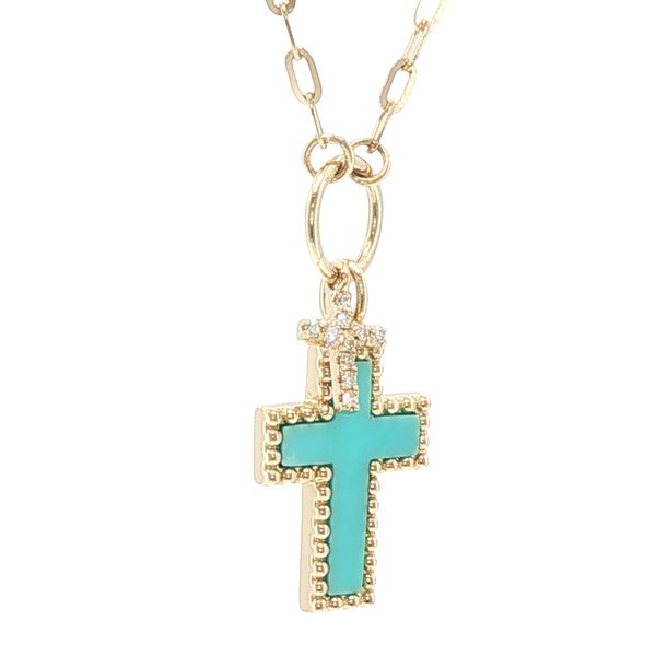 Divine Duo: Turquoise & Diamond Cross Necklace Image 2 Bryan Jewelry Prattville, AL