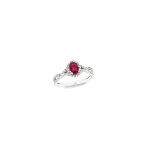 Ruby Halo Ring with Twisted Diamond Shank Image 2 Bryan Jewelry Prattville, AL