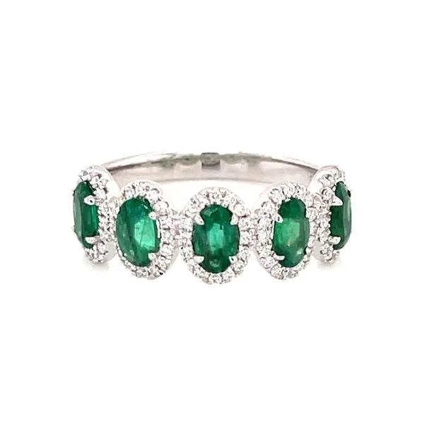 14k White Gold Oval Emerald & Diamond Halo Band Image 2 Bryan Jewelry Prattville, AL