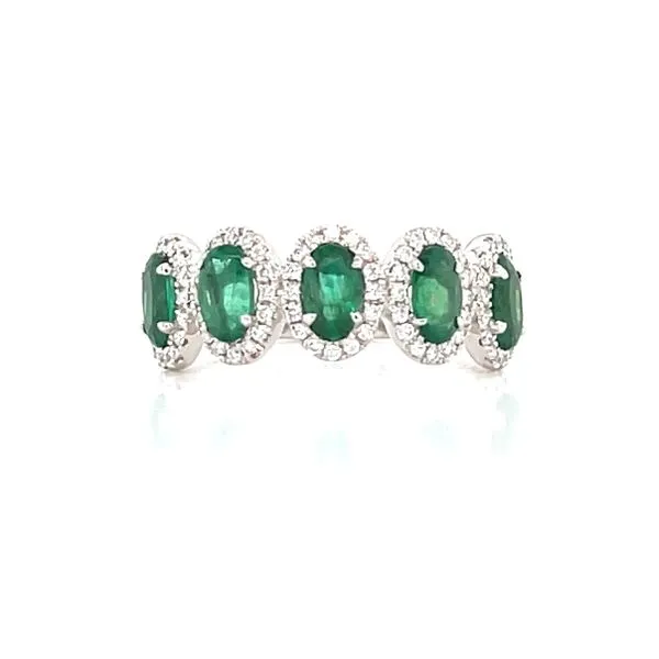 14k White Gold Oval Emerald & Diamond Halo Band Image 3 Bryan Jewelry Prattville, AL