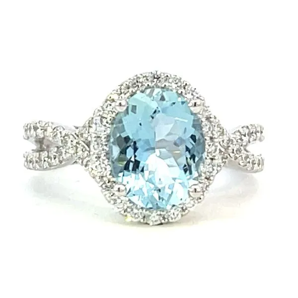2.23ct Aqua .74ctw diamond-18kw split shank bypass halo ring Bryan Jewelry Prattville, AL